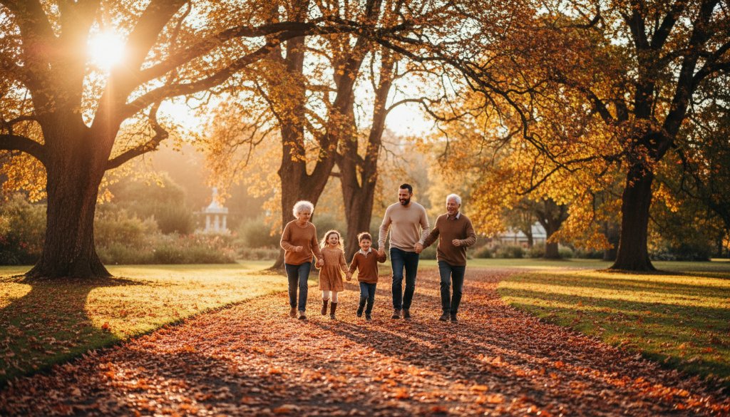 An epic moment captured during candid Kyneton family photoshoots Victoria, featuring a multi-generational family laughing joyfully amidst the golden hour light of a Kyneton historic garden, professionally photographed with rich colours.