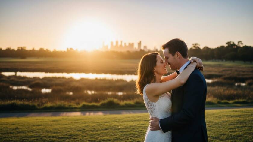 An emotionally charged, dramatic wide shot capturing candid Laverton wedding photography Victoria, featuring a couple embracing warmly at sunset in a rustic outdoor setting near Laverton, with golden hour light silhouetting them against the vast Australian sky. Professional, cinematic style with deep colours.