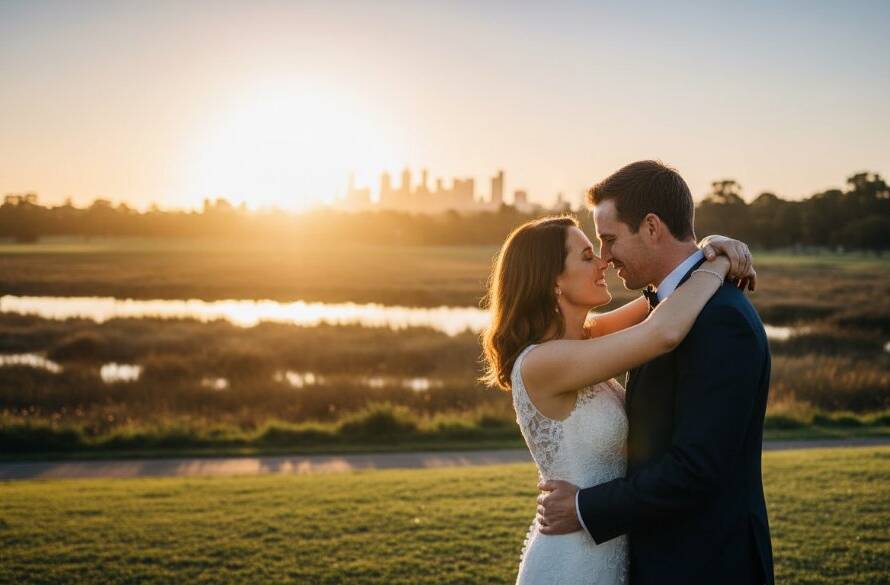 An emotionally charged, dramatic wide shot capturing candid Laverton wedding photography Victoria, featuring a couple embracing warmly at sunset in a rustic outdoor setting near Laverton, with golden hour light silhouetting them against the vast Australian sky. Professional, cinematic style with deep colours.