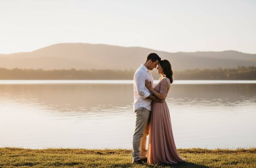 A romantic and candid Lysterfield engagement photography Victoria scene featuring a couple embracing warmly at sunset by Lysterfield Lake, with the Dandenong Ranges in the soft background, captured with dramatic golden hour lighting and professional colour grading.
