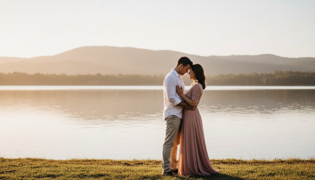 A romantic and candid Lysterfield engagement photography Victoria scene featuring a couple embracing warmly at sunset by Lysterfield Lake, with the Dandenong Ranges in the soft background, captured with dramatic golden hour lighting and professional colour grading.