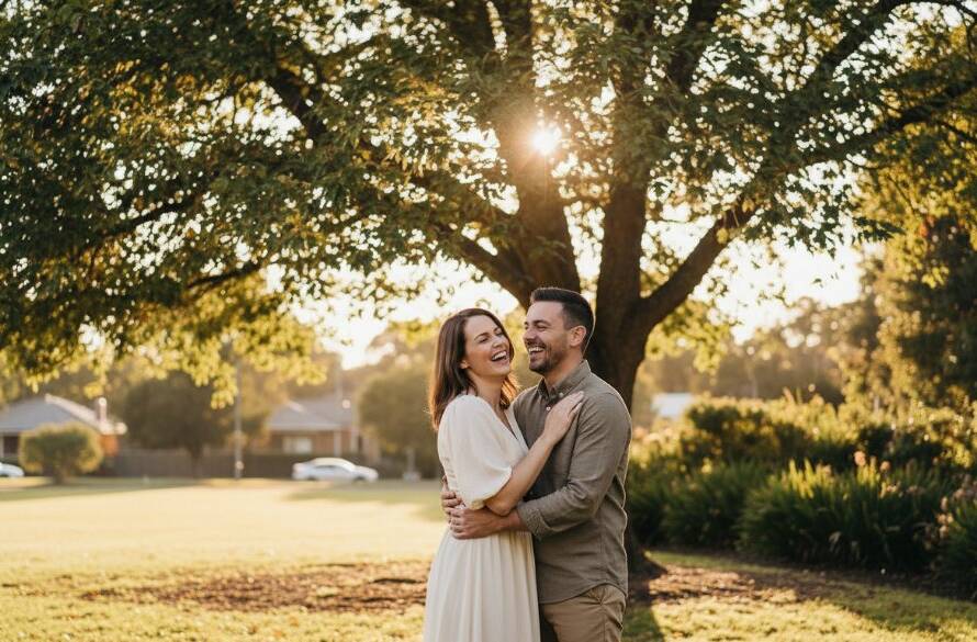 An intimate, candid McKinnon engagement photography shot of a couple sharing a joyful embrace at sunset near Joyce Park, bathed in golden light, capturing their genuine love with professional cinematic color grading.