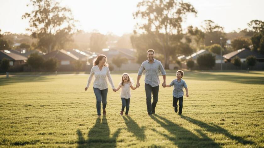 An epic, joy-filled moment captured in McKinnon, Victoria, showcasing a family laughing together at sunset, embodying candid McKinnon family photography memories with warm, golden light.