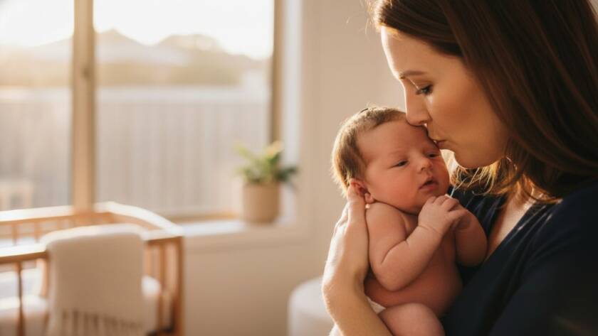 Close-up, candid Mitcham Victoria newborn photography capturing a baby's tiny hand gently gripping a parent's finger in a beautifully lit, warm family moment, with a soft background depicting a serene Mitcham home setting.