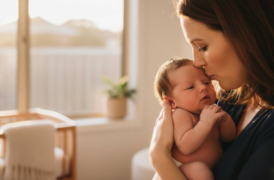 Close-up, candid Mitcham Victoria newborn photography capturing a baby's tiny hand gently gripping a parent's finger in a beautifully lit, warm family moment, with a soft background depicting a serene Mitcham home setting.