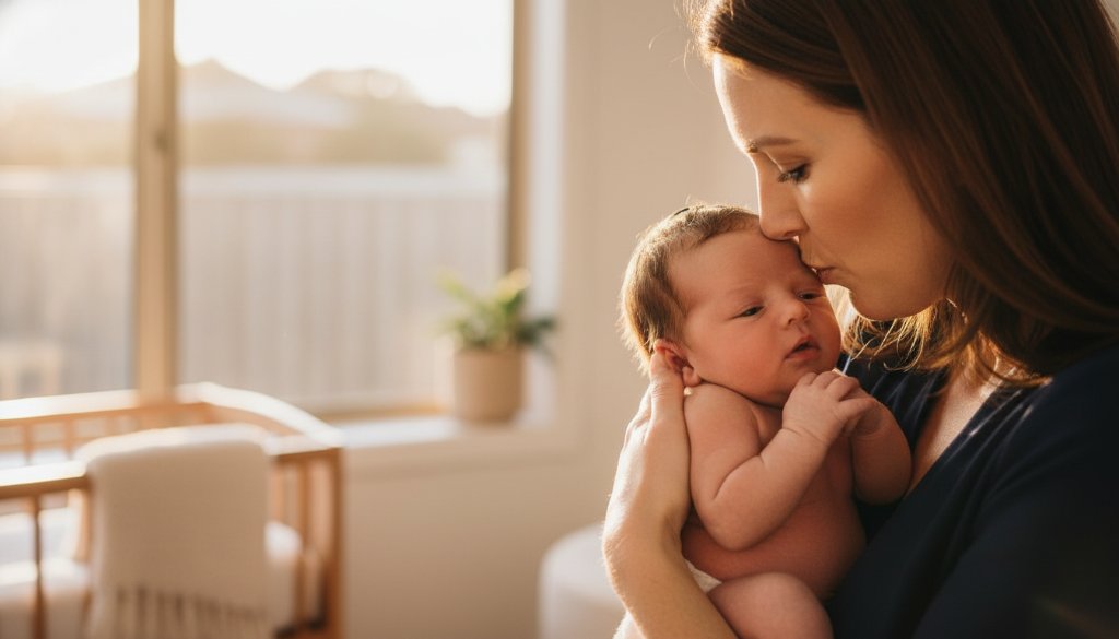 Close-up, candid Mitcham Victoria newborn photography capturing a baby's tiny hand gently gripping a parent's finger in a beautifully lit, warm family moment, with a soft background depicting a serene Mitcham home setting.