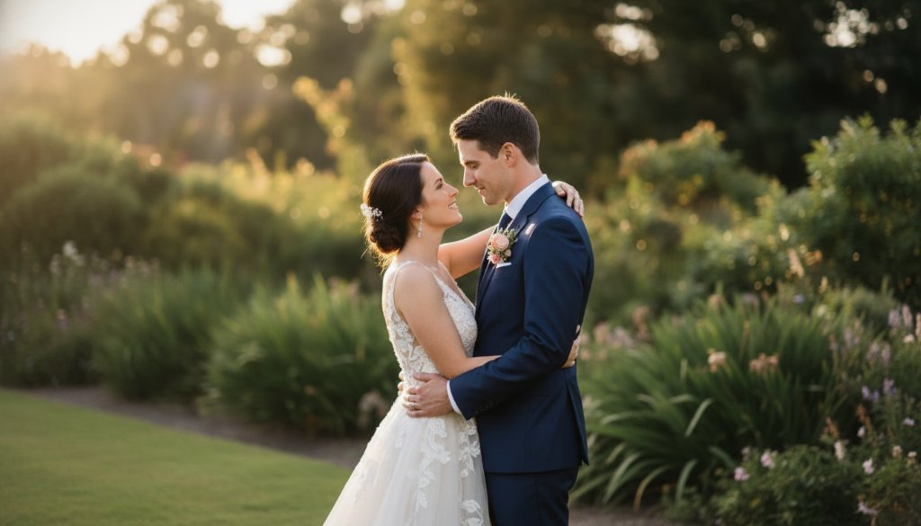 An intimate and joyful moment captured in candid Mount Waverley wedding photography, showing a bride and groom embracing under soft, golden light in a beautiful garden setting, reflecting genuine emotion.