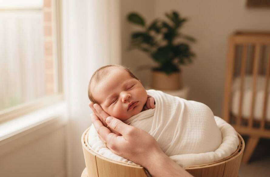 A heartwarming candid newborn baby photoshoot in Box Hill North showing a baby peacefully sleeping wrapped in a soft blanket, bathed in natural window light, capturing a serene, epic moment of early parenthood in Victoria.