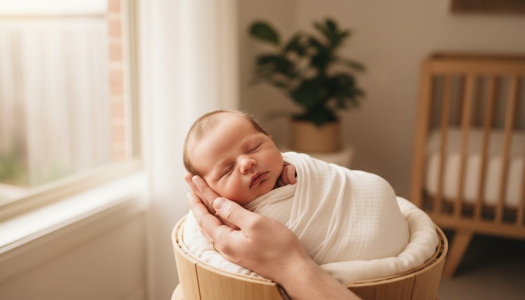A heartwarming candid newborn baby photoshoot in Box Hill North showing a baby peacefully sleeping wrapped in a soft blanket, bathed in natural window light, capturing a serene, epic moment of early parenthood in Victoria.