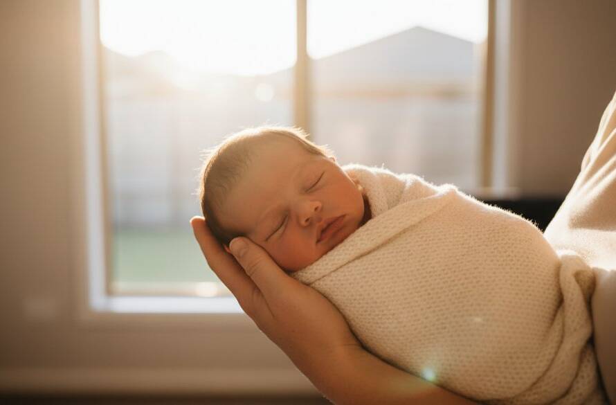 A beautifully composed, cinematic photograph of a newborn baby sleeping peacefully in a soft, warm blanket, held gently by a parent's hands, with soft, golden light filtering through a window, in a cosy Blackburn South home. This candid newborn photography Blackburn South Victoria moment captures innocence and love.