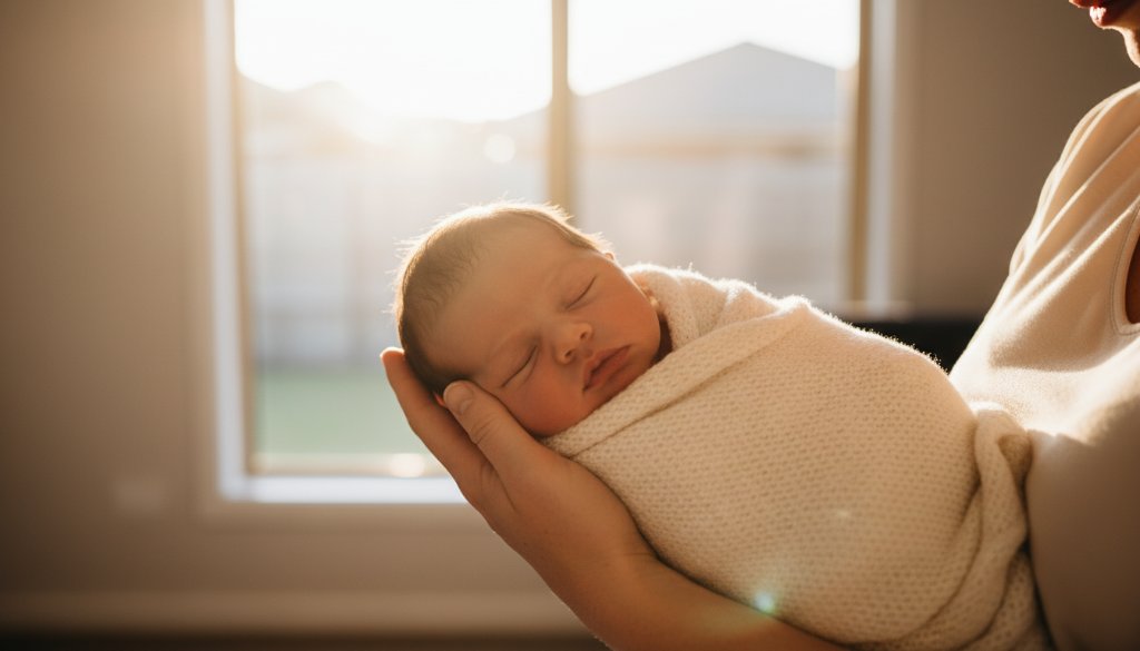 A beautifully composed, cinematic photograph of a newborn baby sleeping peacefully in a soft, warm blanket, held gently by a parent's hands, with soft, golden light filtering through a window, in a cosy Blackburn South home. This candid newborn photography Blackburn South Victoria moment captures innocence and love.