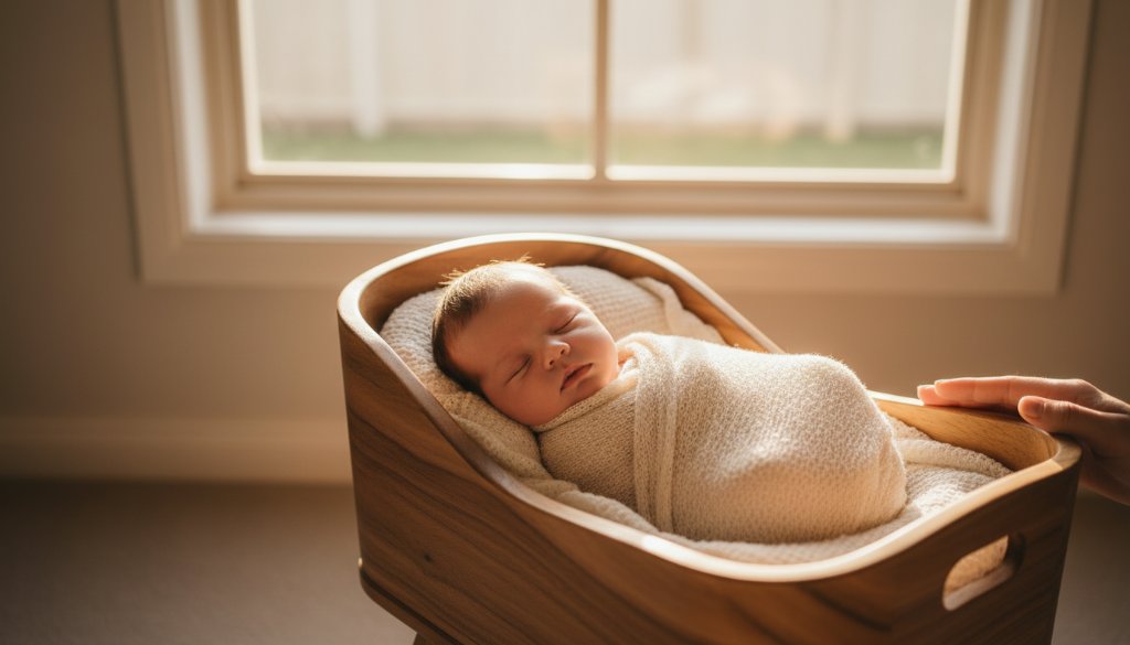 A heartwarming candid newborn photography session in Cranbourne North, featuring a serene baby nestled in a soft wrap, gently held by a parent's hands, bathed in golden hour light streaming through a window, evoking a feeling of tender love and new beginnings, captured with dramatic, professional colour grading.