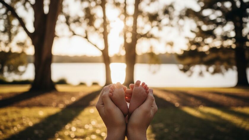 An emotionally resonant, wide-angle photograph capturing a parent's hands gently holding their newborn baby's tiny feet, bathed in soft golden hour light filtering through ancient trees of the Lake Wendouree Botanic Gardens, creating a sense of peace and intimacy. This candid newborn photography Lake Wendouree Botanic Gardens image evokes tender love and the quiet beauty of new life.