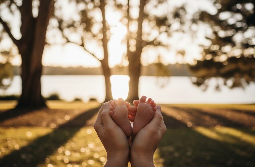 An emotionally resonant, wide-angle photograph capturing a parent's hands gently holding their newborn baby's tiny feet, bathed in soft golden hour light filtering through ancient trees of the Lake Wendouree Botanic Gardens, creating a sense of peace and intimacy. This candid newborn photography Lake Wendouree Botanic Gardens image evokes tender love and the quiet beauty of new life.