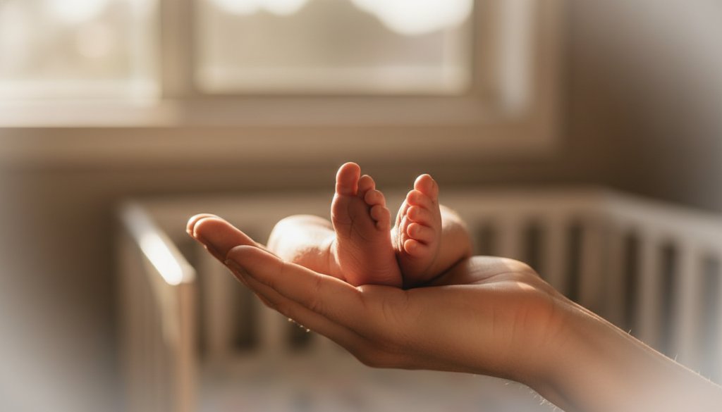 A heartwarming, cinematic close-up of a sleeping newborn baby's tiny hand gently clutching a parent's finger, illuminated by soft golden window light in a Moe home, embodying authentic candid newborn photography Moe Victoria.