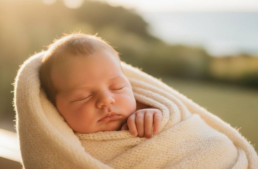 An intimate, sun-drenched close-up capturing candid newborn photos Mentone Bayside, showing a baby's tiny hand grasping a parent's finger, with soft focus on their delicate features, conveying pure love and connection.