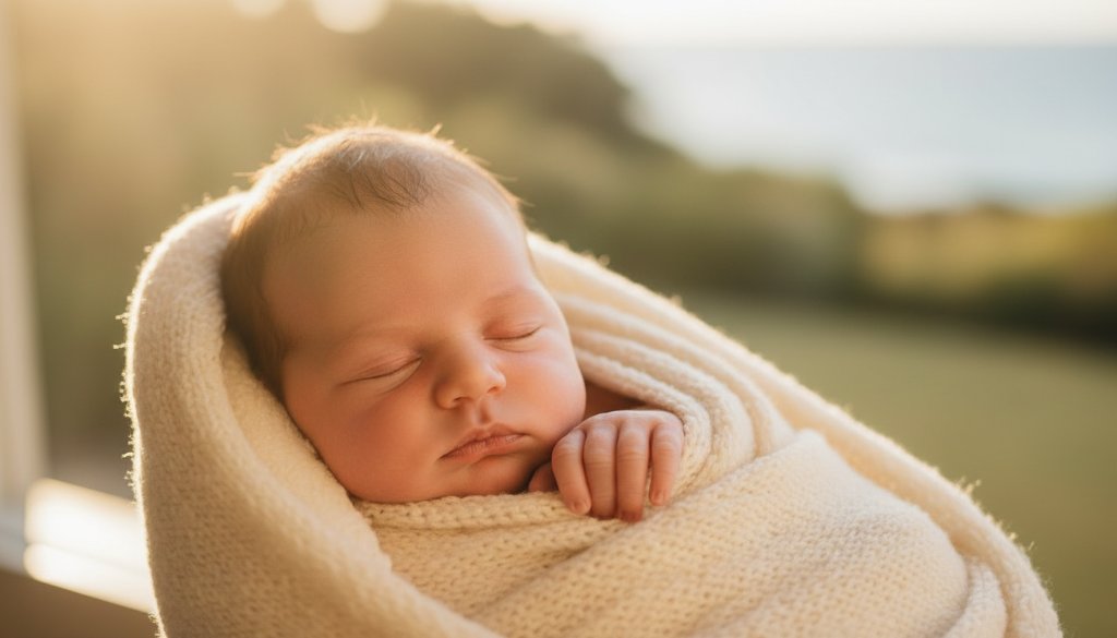 An intimate, sun-drenched close-up capturing candid newborn photos Mentone Bayside, showing a baby's tiny hand grasping a parent's finger, with soft focus on their delicate features, conveying pure love and connection.