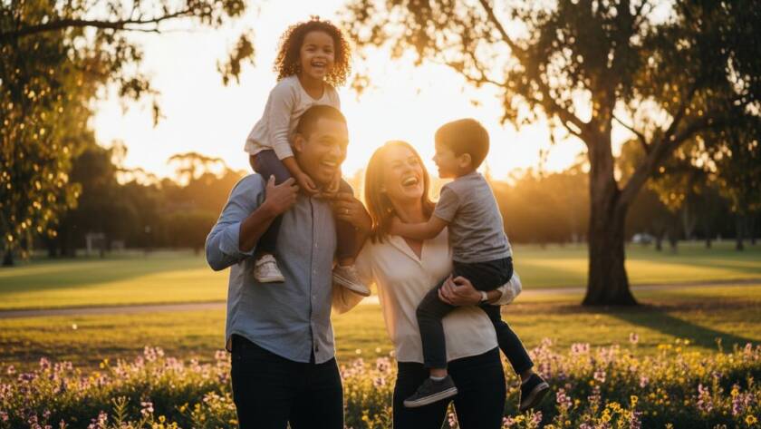 A beautiful Candid Ormond Family Photography Capturing Joyful Melbourne Moments shot of a family laughing and embracing at sunset in a vibrant Ormond park, with warm golden light silhouetting them against lush greenery, capturing an epic moment of connection.