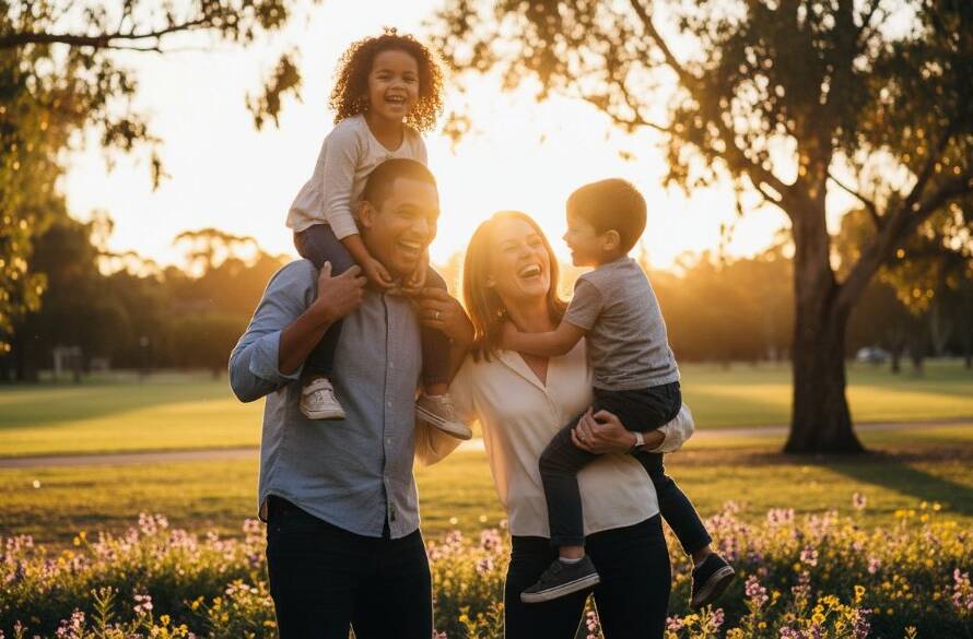 A beautiful Candid Ormond Family Photography Capturing Joyful Melbourne Moments shot of a family laughing and embracing at sunset in a vibrant Ormond park, with warm golden light silhouetting them against lush greenery, capturing an epic moment of connection.