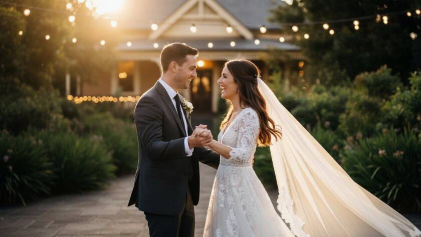 A newlywed couple shares a tender, spontaneous laugh during an intimate moment in a beautifully lit garden in Ormond, Victoria, captured with professional candid Ormond wedding photography Victoria; golden hour light, shallow depth of field, emotive, cinematic feel.