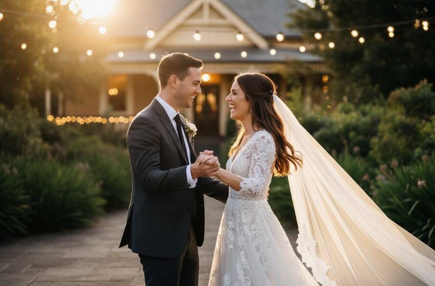 A newlywed couple shares a tender, spontaneous laugh during an intimate moment in a beautifully lit garden in Ormond, Victoria, captured with professional candid Ormond wedding photography Victoria; golden hour light, shallow depth of field, emotive, cinematic feel.