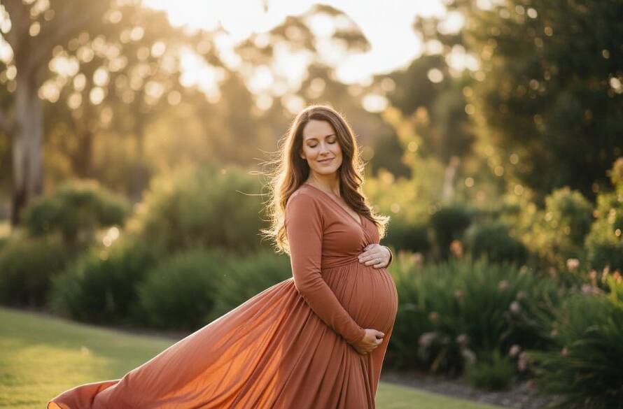 An expectant mother glowing with joy during candid outdoor maternity photography Ormond Victoria, bathed in golden hour light amidst lush greenery, a truly epic moment of anticipation and beauty.