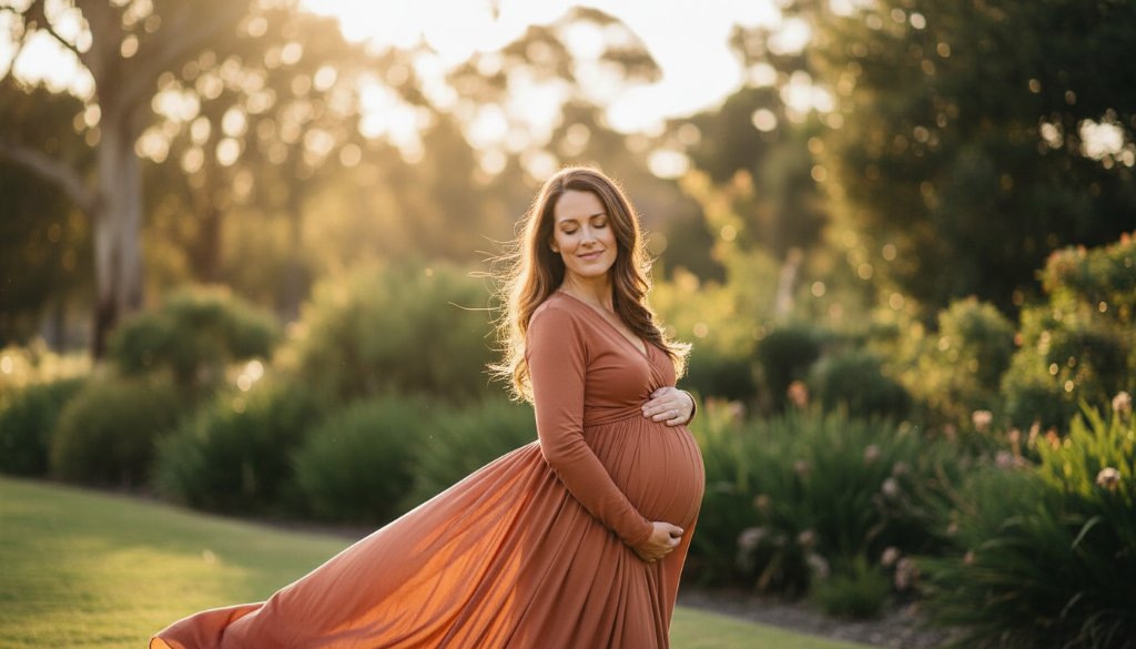An expectant mother glowing with joy during candid outdoor maternity photography Ormond Victoria, bathed in golden hour light amidst lush greenery, a truly epic moment of anticipation and beauty.