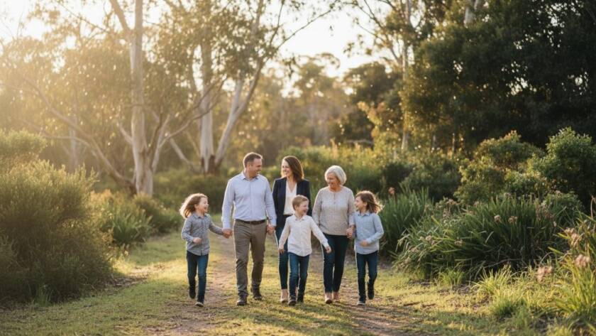 An epic, warm-lit photograph capturing candid Park Orchards family photography adventures, with a family laughing joyfully under dappled sunlight in a lush Park Orchards bushland setting, professional color grading, golden hour, deep focus.