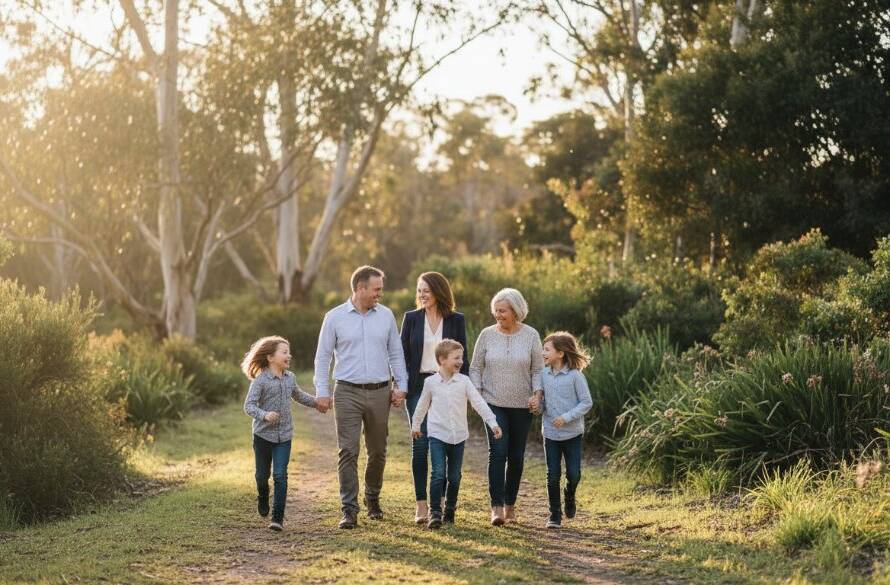 An epic, warm-lit photograph capturing candid Park Orchards family photography adventures, with a family laughing joyfully under dappled sunlight in a lush Park Orchards bushland setting, professional color grading, golden hour, deep focus.