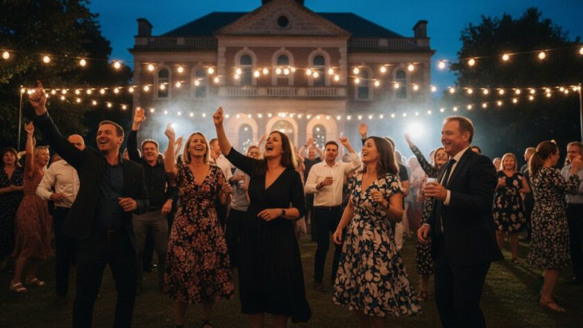 A wide-angle, vibrant photograph capturing an epic, joyful moment of guests dancing enthusiastically under string lights at an outdoor 'candid party photography Castlemaine vibrant celebrations', with the historic Castlemaine Town Hall subtly illuminated in the background, showcasing genuine laughter and movement.