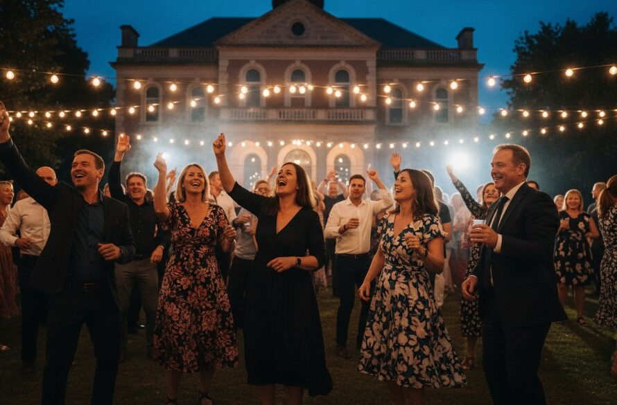 A wide-angle, vibrant photograph capturing an epic, joyful moment of guests dancing enthusiastically under string lights at an outdoor 'candid party photography Castlemaine vibrant celebrations', with the historic Castlemaine Town Hall subtly illuminated in the background, showcasing genuine laughter and movement.