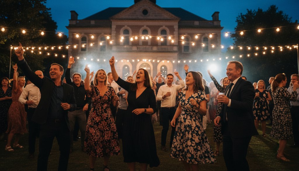 A wide-angle, vibrant photograph capturing an epic, joyful moment of guests dancing enthusiastically under string lights at an outdoor 'candid party photography Castlemaine vibrant celebrations', with the historic Castlemaine Town Hall subtly illuminated in the background, showcasing genuine laughter and movement.