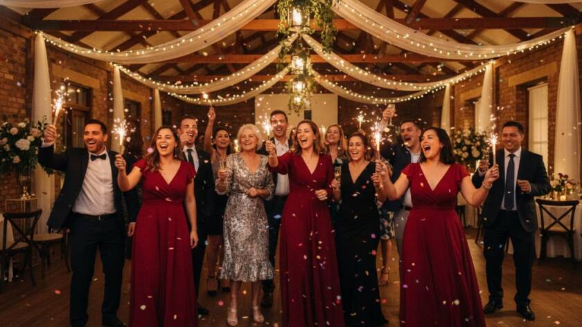 Dynamic wide shot of candid party photography capturing vibrant celebrations at a community hall in Caulfield North, with guests laughing and dancing under string lights, professional colour grading.