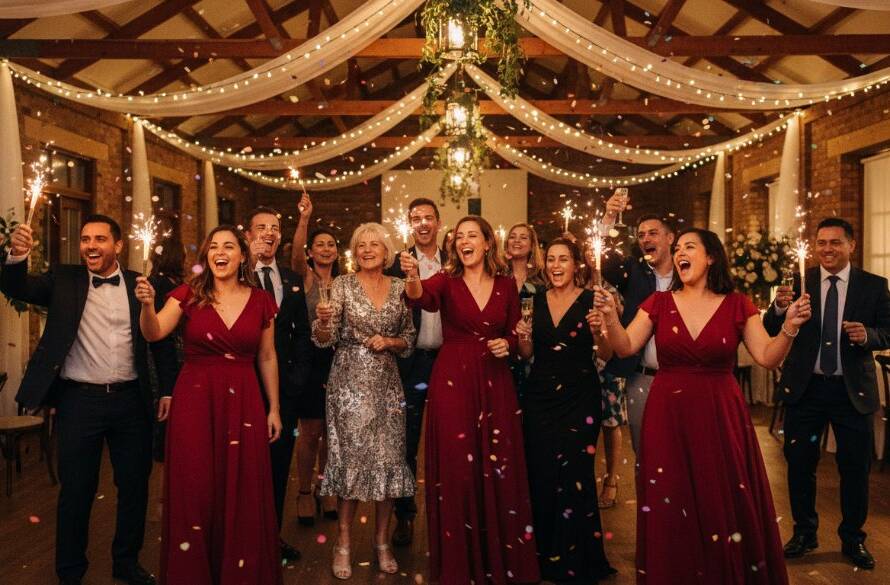 Dynamic wide shot of candid party photography capturing vibrant celebrations at a community hall in Caulfield North, with guests laughing and dancing under string lights, professional colour grading.