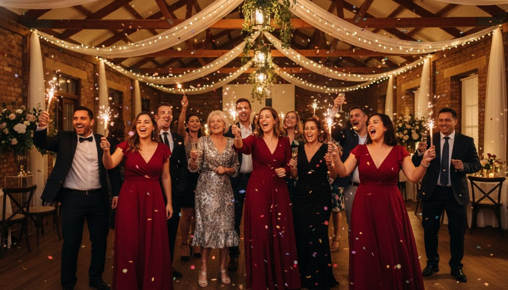 Dynamic wide shot of candid party photography capturing vibrant celebrations at a community hall in Caulfield North, with guests laughing and dancing under string lights, professional colour grading.