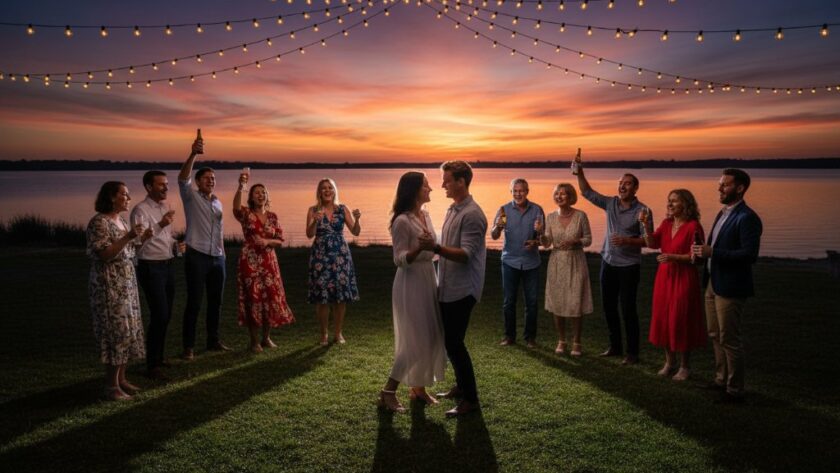 Candid party photography Lakes Entrance capturing a group of friends laughing joyfully under string lights during a vibrant evening celebration by the waterfront, with the sun setting over the Gippsland Lakes, showcasing genuine connection and an epic moment of togetherness.