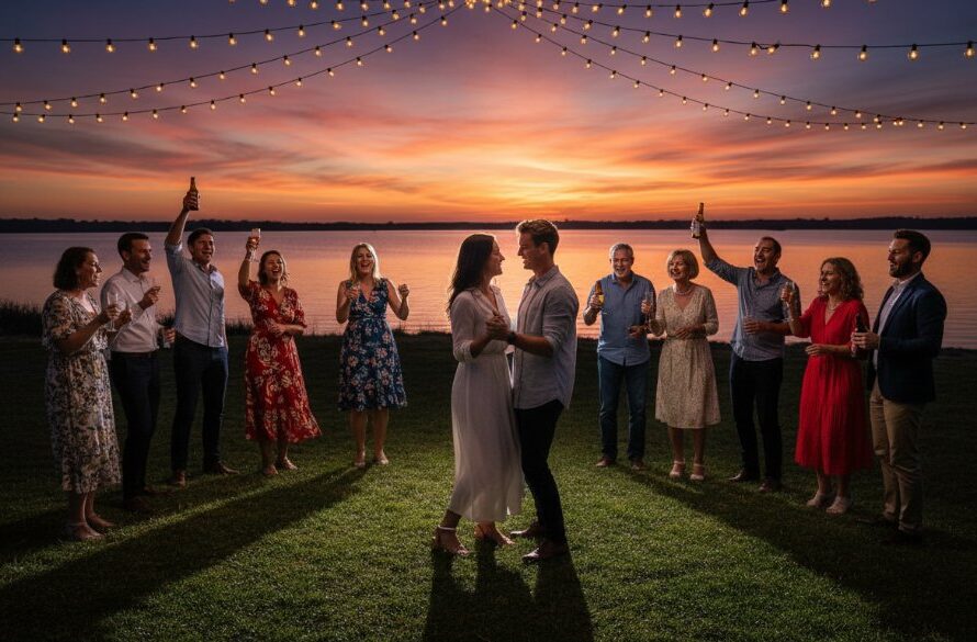 Candid party photography Lakes Entrance capturing a group of friends laughing joyfully under string lights during a vibrant evening celebration by the waterfront, with the sun setting over the Gippsland Lakes, showcasing genuine connection and an epic moment of togetherness.
