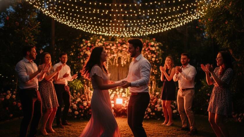 An epic, joy-filled moment captured with candid party photography in Seabrook Victoria, showing guests laughing and dancing under twinkling fairy lights at a beautifully decorated outdoor party, with dynamic lighting and professional colour grading.