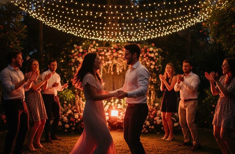 An epic, joy-filled moment captured with candid party photography in Seabrook Victoria, showing guests laughing and dancing under twinkling fairy lights at a beautifully decorated outdoor party, with dynamic lighting and professional colour grading.