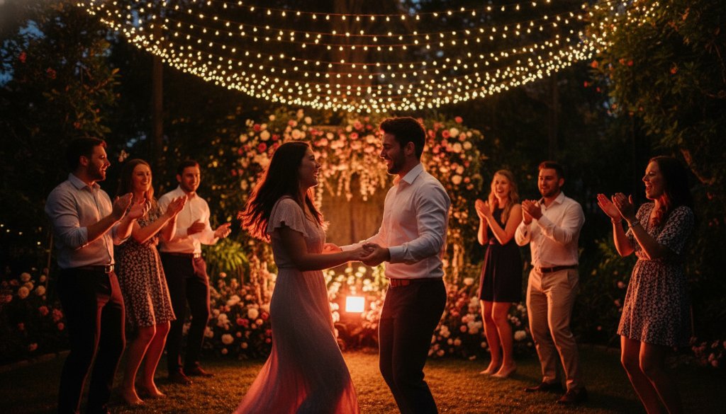 An epic, joy-filled moment captured with candid party photography in Seabrook Victoria, showing guests laughing and dancing under twinkling fairy lights at a beautifully decorated outdoor party, with dynamic lighting and professional colour grading.