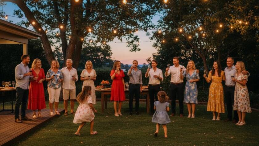 An emotional wide shot of guests laughing and raising glasses in a beautifully decorated Templestowe backyard, capturing a genuine, candid party photography Templestowe Victoria moment under warm string lights at dusk.