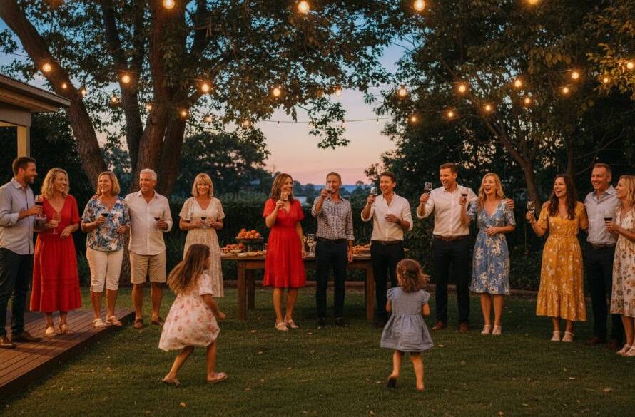 An emotional wide shot of guests laughing and raising glasses in a beautifully decorated Templestowe backyard, capturing a genuine, candid party photography Templestowe Victoria moment under warm string lights at dusk.