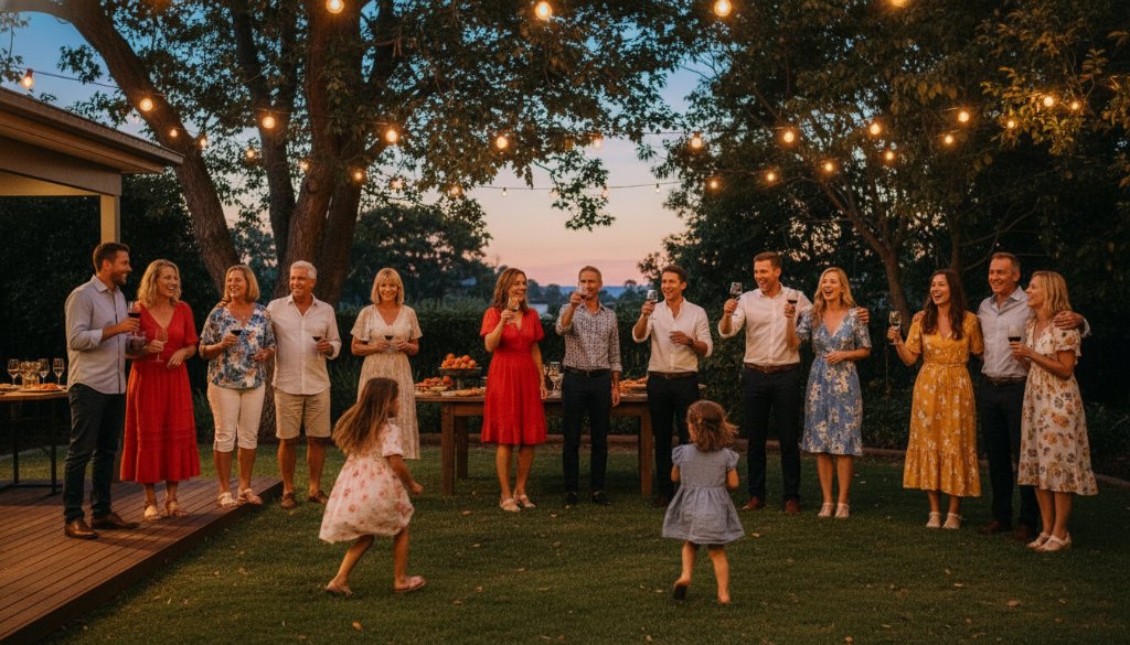An emotional wide shot of guests laughing and raising glasses in a beautifully decorated Templestowe backyard, capturing a genuine, candid party photography Templestowe Victoria moment under warm string lights at dusk.