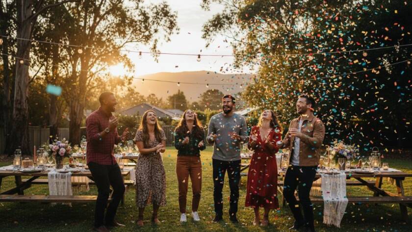 A vibrant, candid moment of friends laughing and dancing under string lights at a garden party in Upper Ferntree Gully, captured by a professional for authentic Candid party photography Upper Ferntree Gully, showing genuine joy and connection.