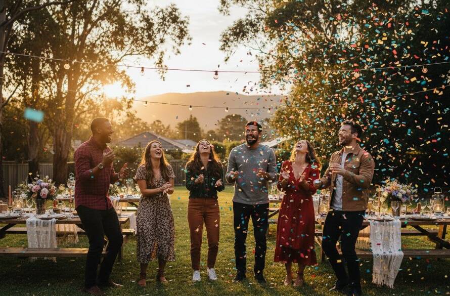 A vibrant, candid moment of friends laughing and dancing under string lights at a garden party in Upper Ferntree Gully, captured by a professional for authentic Candid party photography Upper Ferntree Gully, showing genuine joy and connection.