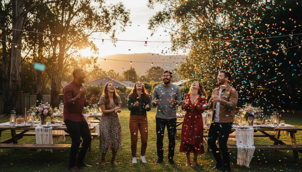 A vibrant, candid moment of friends laughing and dancing under string lights at a garden party in Upper Ferntree Gully, captured by a professional for authentic Candid party photography Upper Ferntree Gully, showing genuine joy and connection.