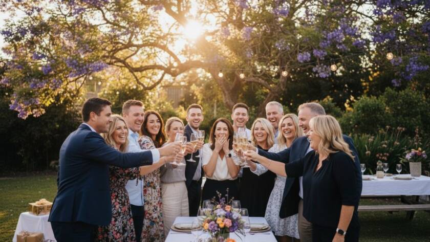 A vibrant and candid party photography moment in Wantirna South, Victoria, showing guests laughing genuinely during a surprise toast under warm string lights, captured from a dynamic low angle.