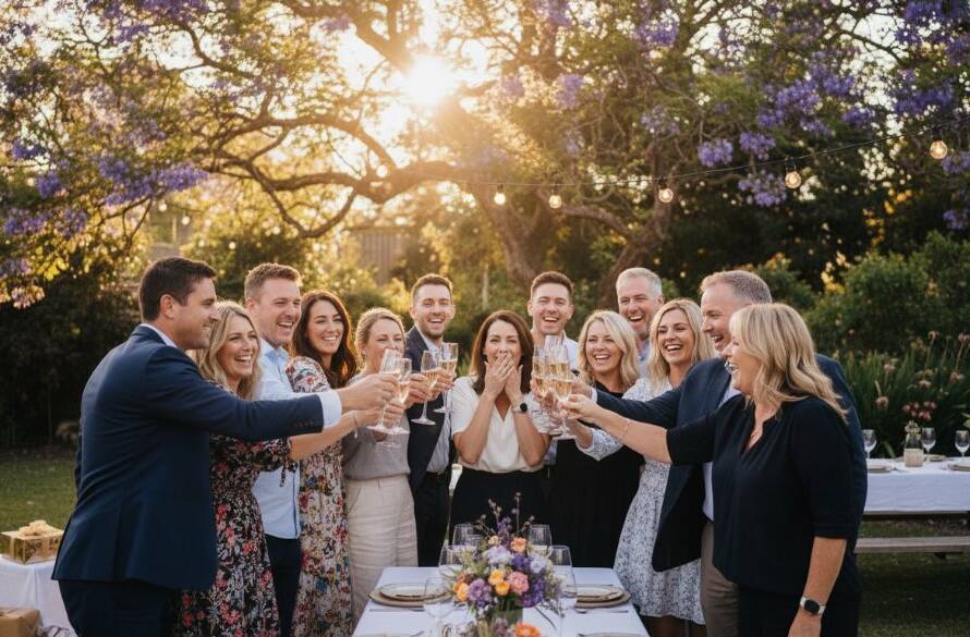 A vibrant and candid party photography moment in Wantirna South, Victoria, showing guests laughing genuinely during a surprise toast under warm string lights, captured from a dynamic low angle.