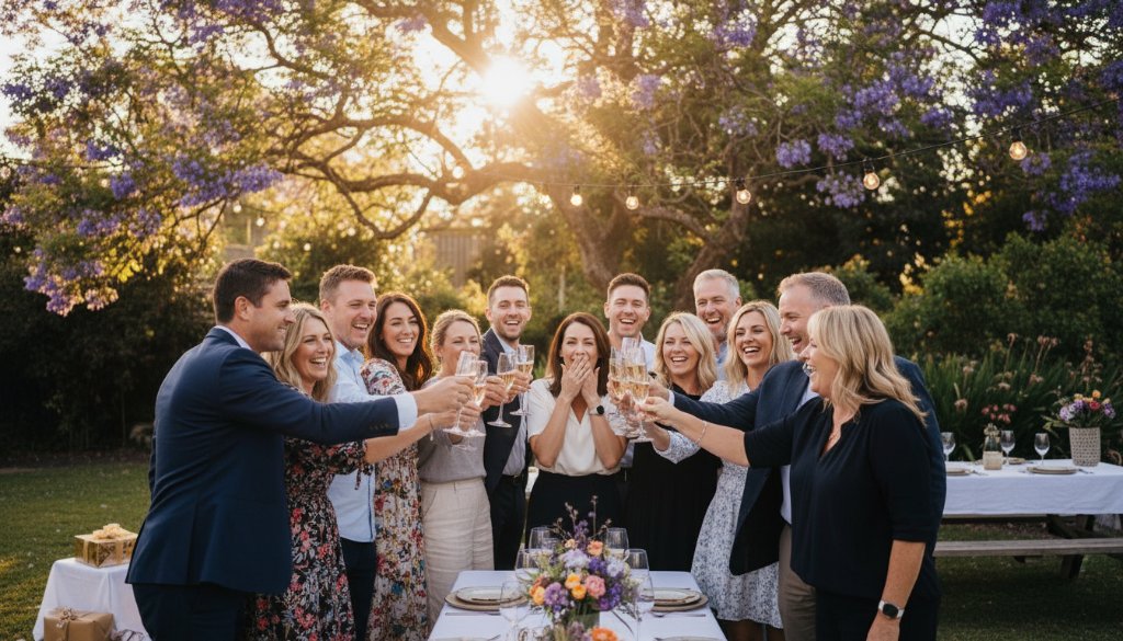 A vibrant and candid party photography moment in Wantirna South, Victoria, showing guests laughing genuinely during a surprise toast under warm string lights, captured from a dynamic low angle.