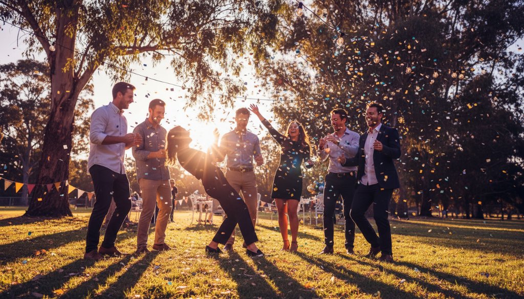 An epic moment of pure joy captured through candid party photos in South Geelong Victoria, showing guests laughing and dancing under string lights at a vibrant outdoor celebration, professional photography with dramatic backlighting.
